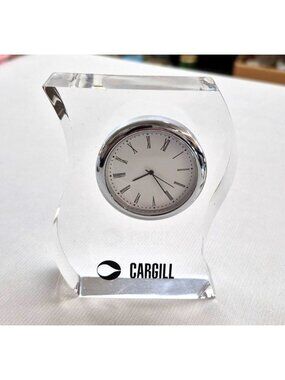 Clear Acrylic Desktop Clock Roman Numerals Silver Trim Cargil Advertising